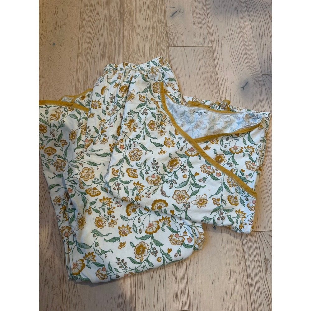 Garnet Hill Floral Pajama Set Womens Medium Yellow Green Faux Wrap Top Pants